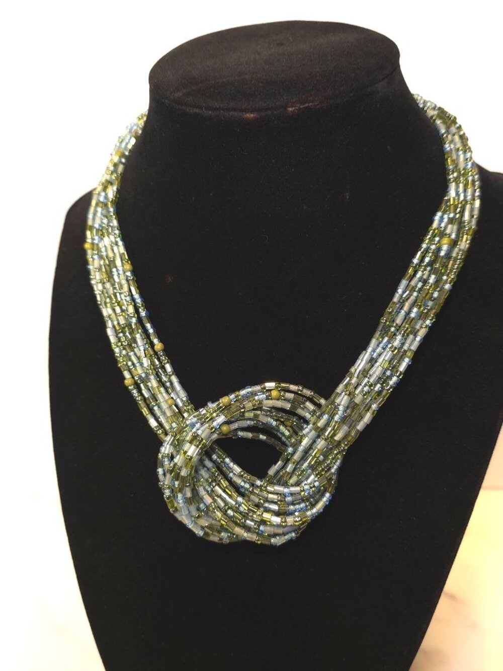 Multicolor Beaded Twisted Knot Necklace With Adjustable Chain Green & Blue Tones